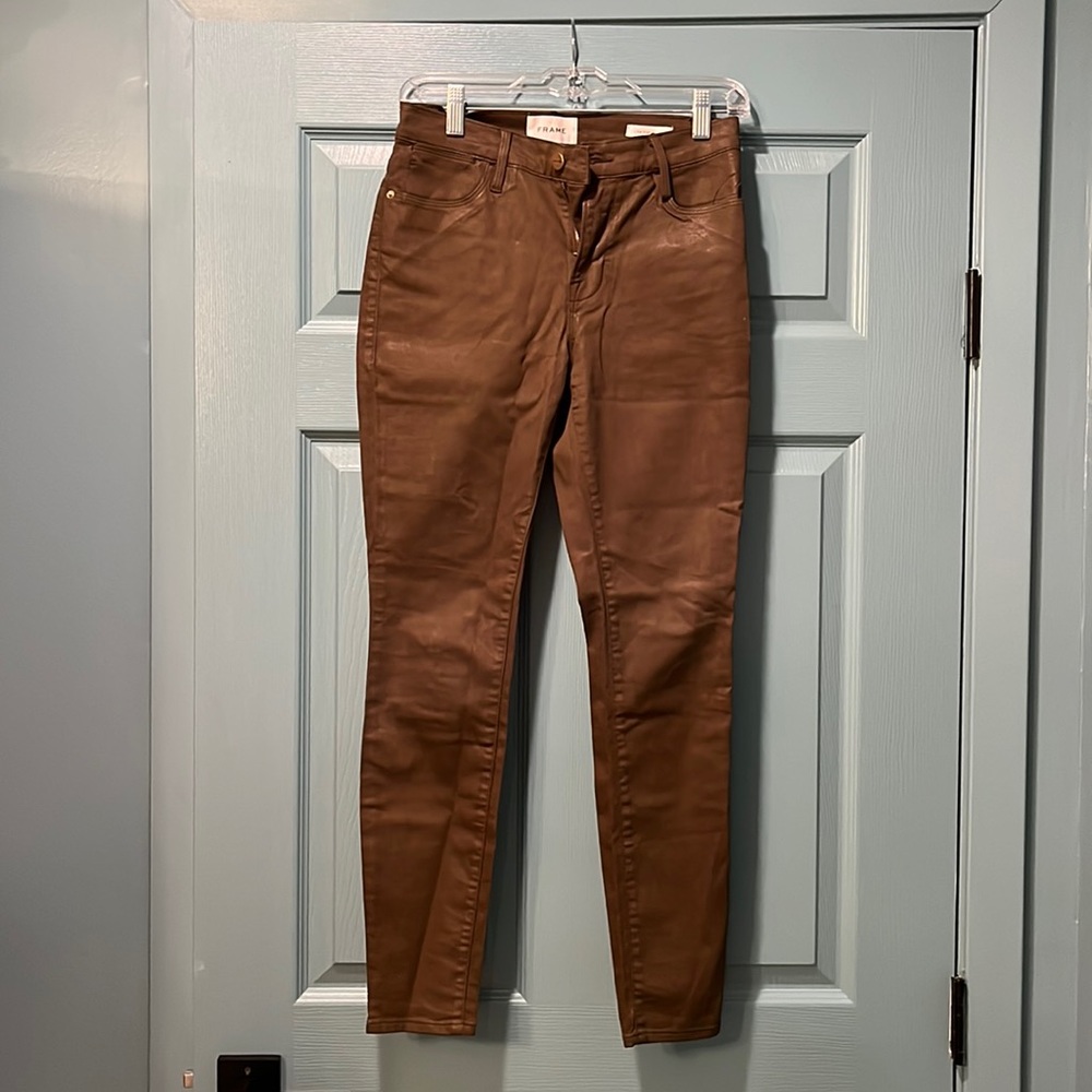 FRAME le high skinny chocolate colored coated jean
